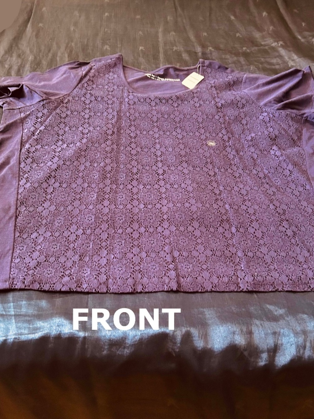 T-SHIRT, LACE FRONT, MULBERRY PURPLE, SIZE 4X, SHORT SLEEVES, RELAXED FIT,